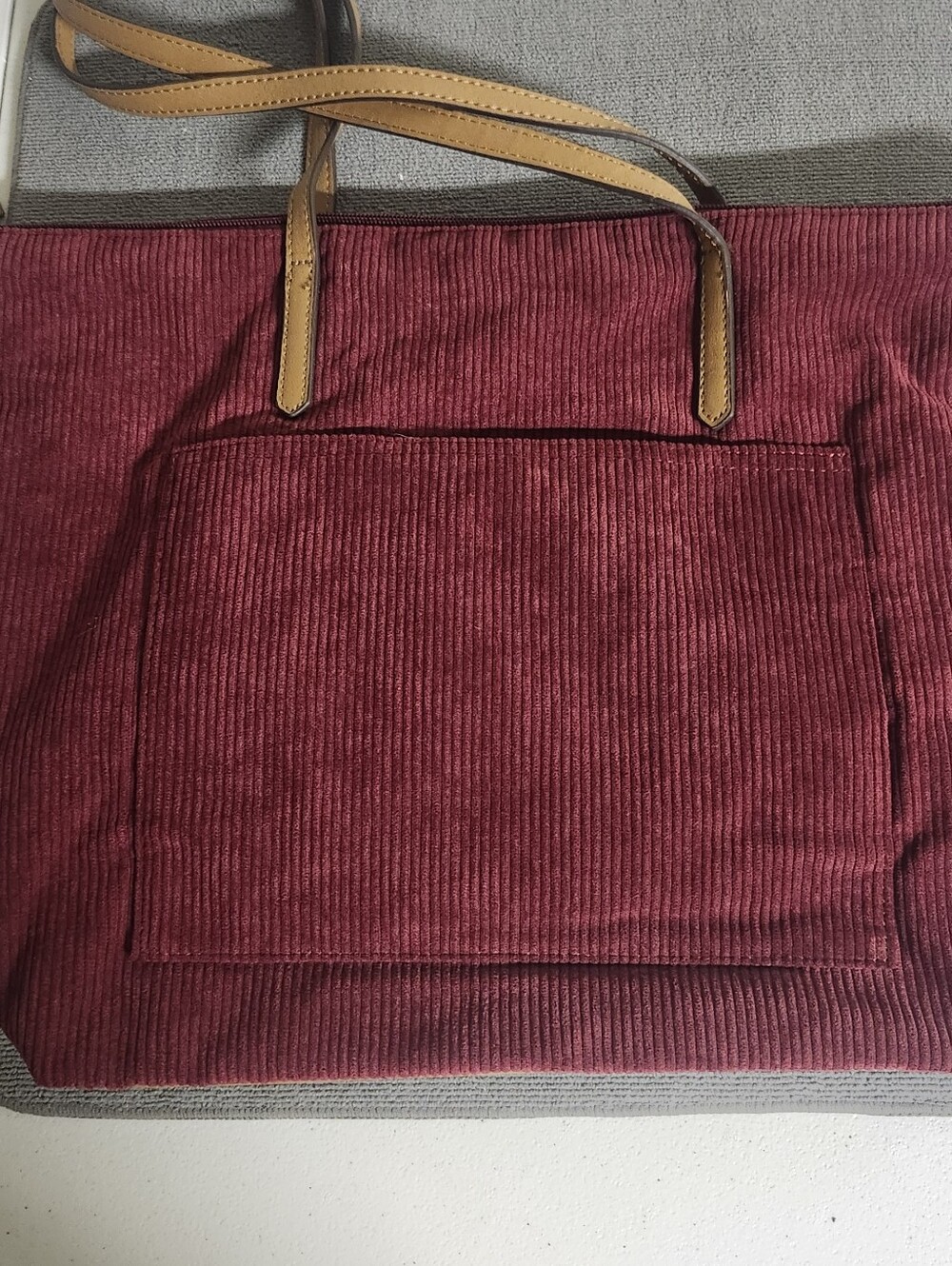 Corduroy Tote Bag in Burgundy with Tan Handles